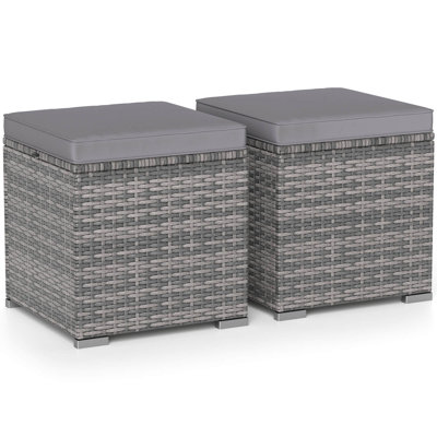 2PCS Patio Rattan Ottomans Seat Side Table Storage Box Footstool with Cushion Gray