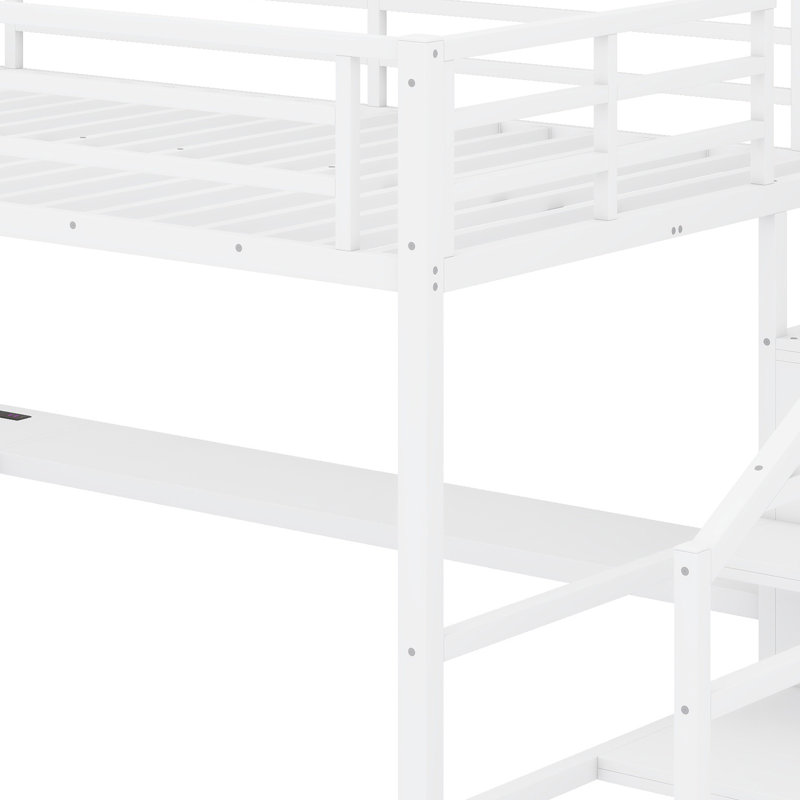 Structure de lit mezzanine avec bureau en L, garde-robe, étagères réglables, ports USB et lumières DEL
