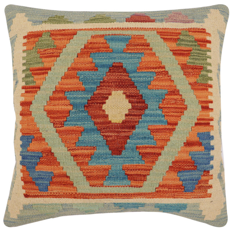 Coussin rustique Kilim, H 20 po x l 20 po, Beige / Bleu / Orange