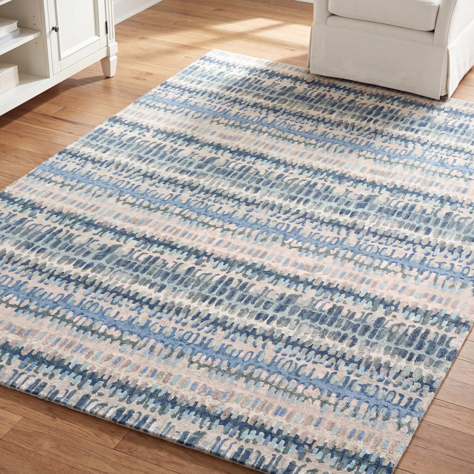 Paint Chip Indigo Denim Beige Abstract Wool Rug, Rectangle 9'6" x 13'6"