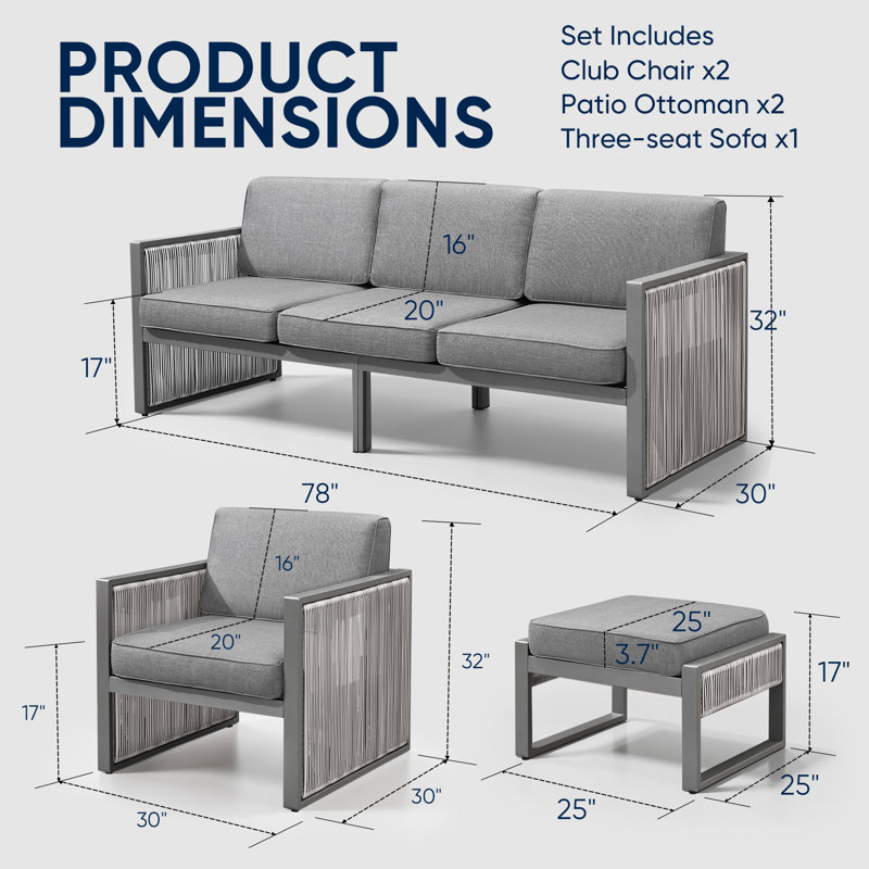 Ensemble de patio d'extérieur en osier 5 pièces Trinie avec repose-pieds et coussins, Gris clair