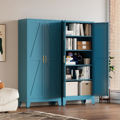 Armoire de 71 po de hauteur en métal. Armoire de rangement adaptée à la cuisine, avec 2 portes et 4 tablettes réglables. (Bleu)