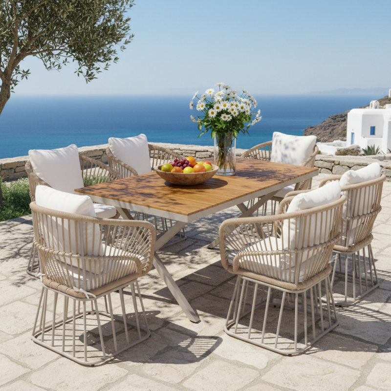 Ensemble repas d'extérieur 7 pièces - Table rectangulaire en bois de teck + 6 chaises en osier avec coussins, structure en acier beige, finition teck, parfait pour la terrasse, le patio ou le jardin