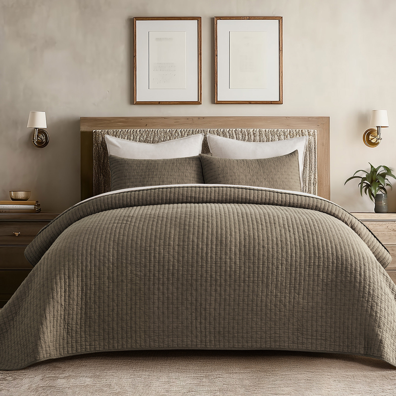 Cross Stitch Cotton Quilt set, King, Mocha Brown