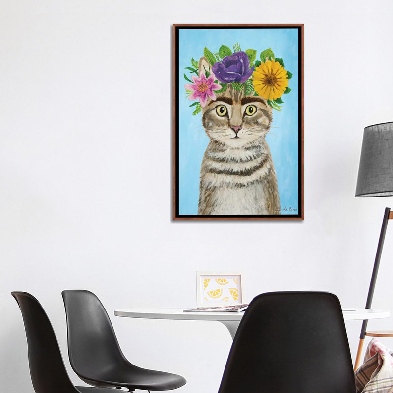 « Frida Kahlo Cat Blue » par coco de Paris-impression, H 40 po x l 26 po x P 1,5 po, Toile avec cadre en bois brun classique