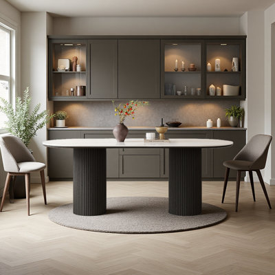 Modern Oval Dining Table, Kitchen Table With High-gloss Sintered Stone Tabletop, 2 Cylindrical Legs