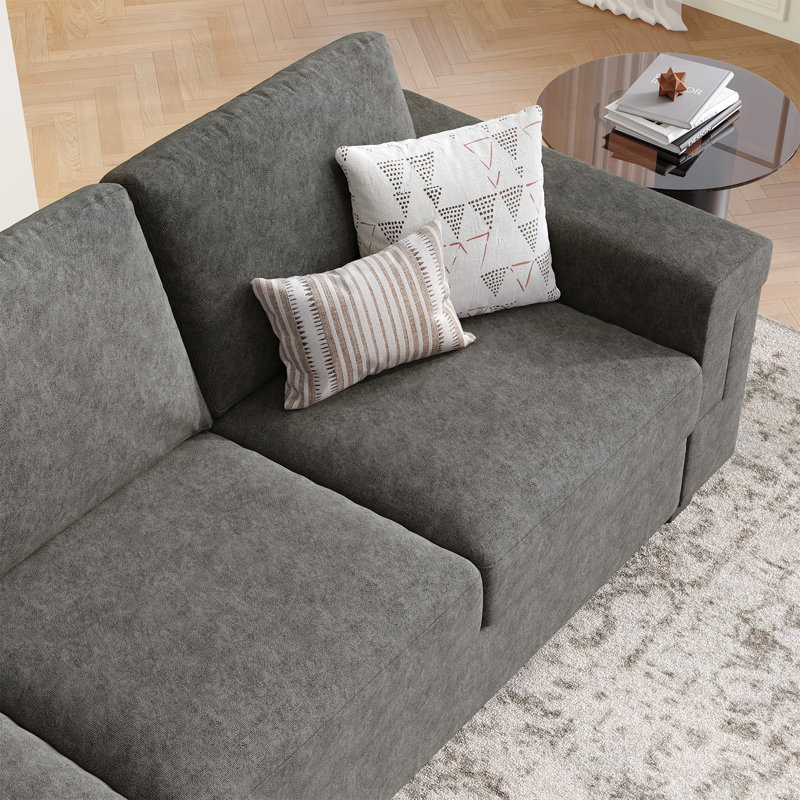Canapé en polyester à accoudoirs carrés Dereon, Gris, H 32,7 po x l 90 po x P 35 po