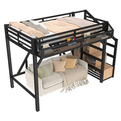 Twin XL Loft Bed with Storage Stairs, Shelves and Built-in Wardrobe, Metal Loft Bed Frame with USB Ports and LED Lights, Noise-reduced Design
