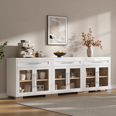 Bhhatu 94.5'' W Glass Door Cabinet with 3 Drawers, White