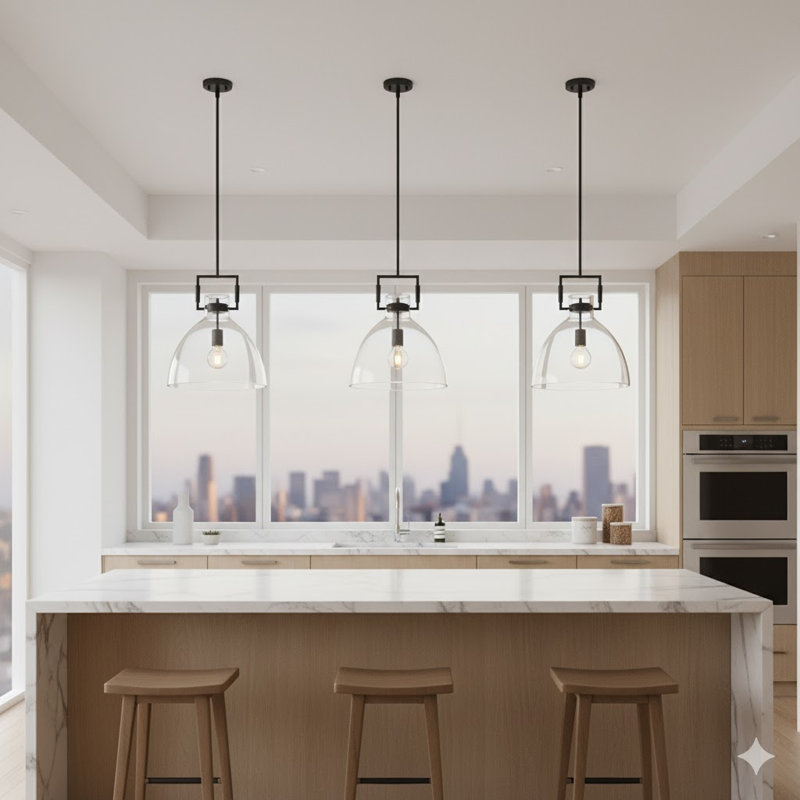 1-Light Single Bell Pendant With A Clear Glass Shade, Black