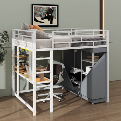 Elegant Loft Metal Bed Featuring Integrated Desk Shelves, Power Outlet by Mason & Marbles