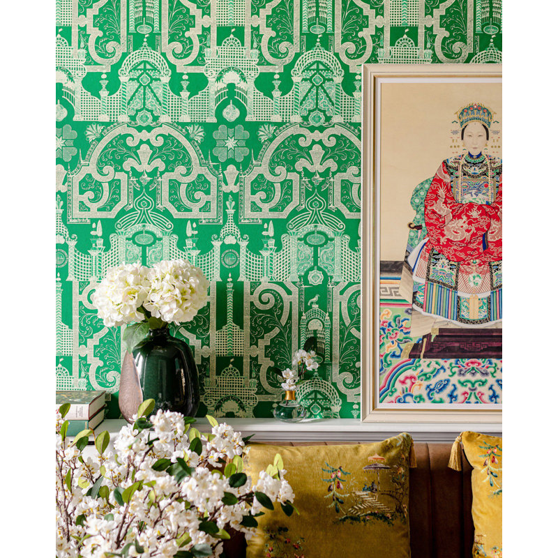 Chinese Garden Abstract Wallpaper Roll, Green/Orange/White