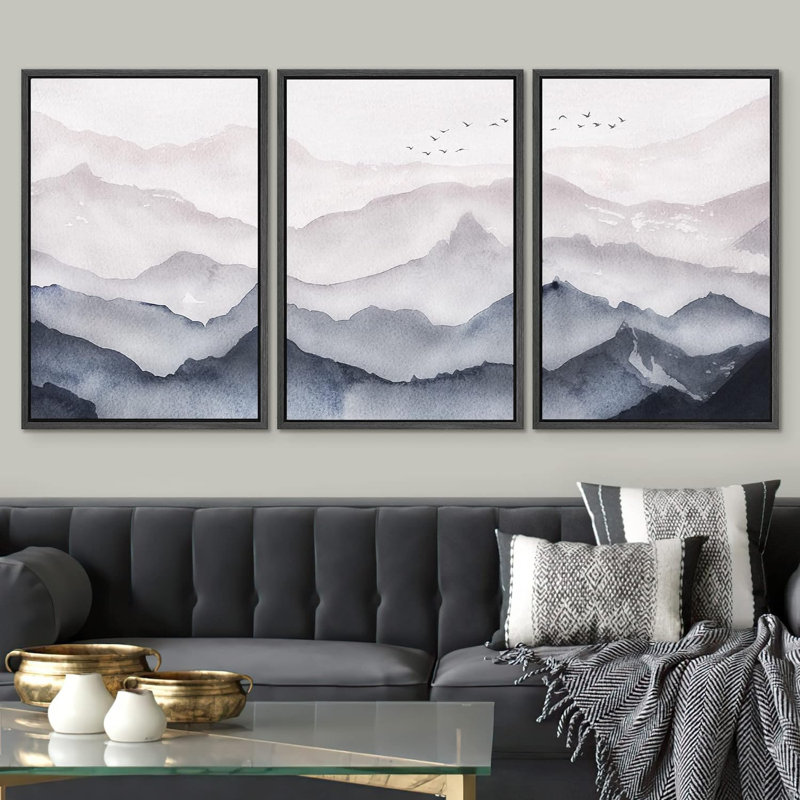 Blue Gray Mountain Range Fog & Mist Wilderness - 3 Piece Floater Frame Print Set on Canvas, Noir