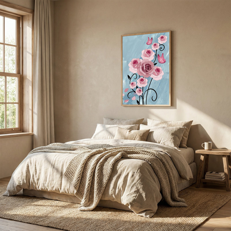 «Pink Roses and Butterflies on Blue», art mural sur toile, 48"H x 36"W