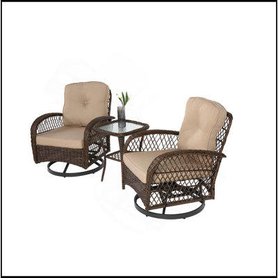 3 chaises de patio à bascule pivotantes pour l'extérieur, ensemble de conversation à 360 degrés avec coussins épaissis et table basse en verre pour la cour arrière