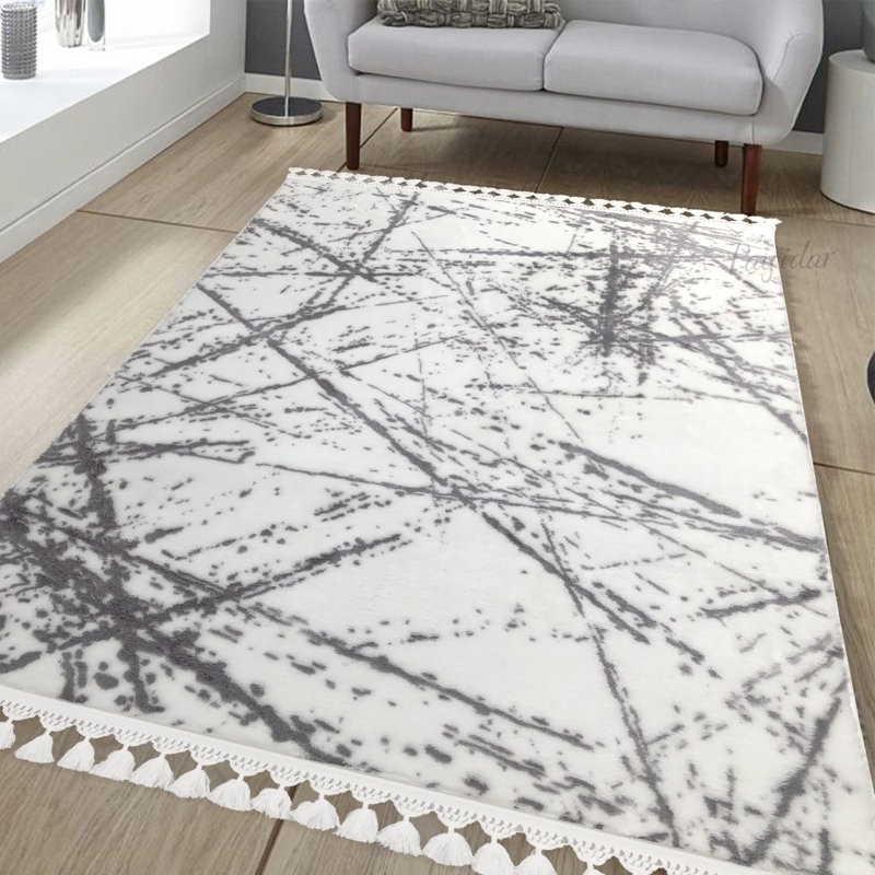 Tapis gris / blanc en polyester tissé à la machine Lunt, Rectangle 3 pi 11 po x 5 pi 7 po