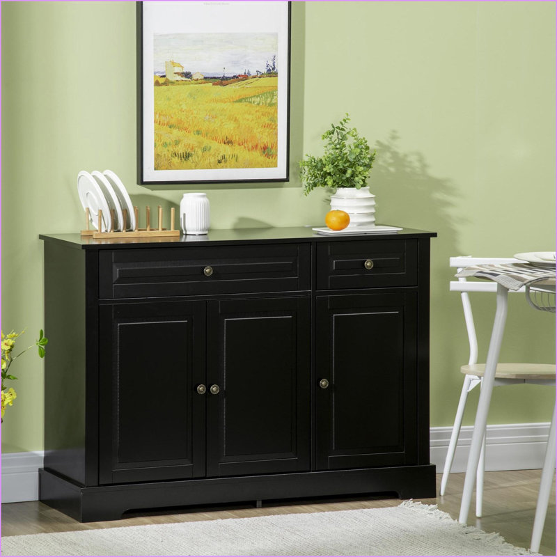 Buffet buffet moderne noir avec 2 tiroirs Tablettes réglables | Bois aggloméré massif | Anti-basculement