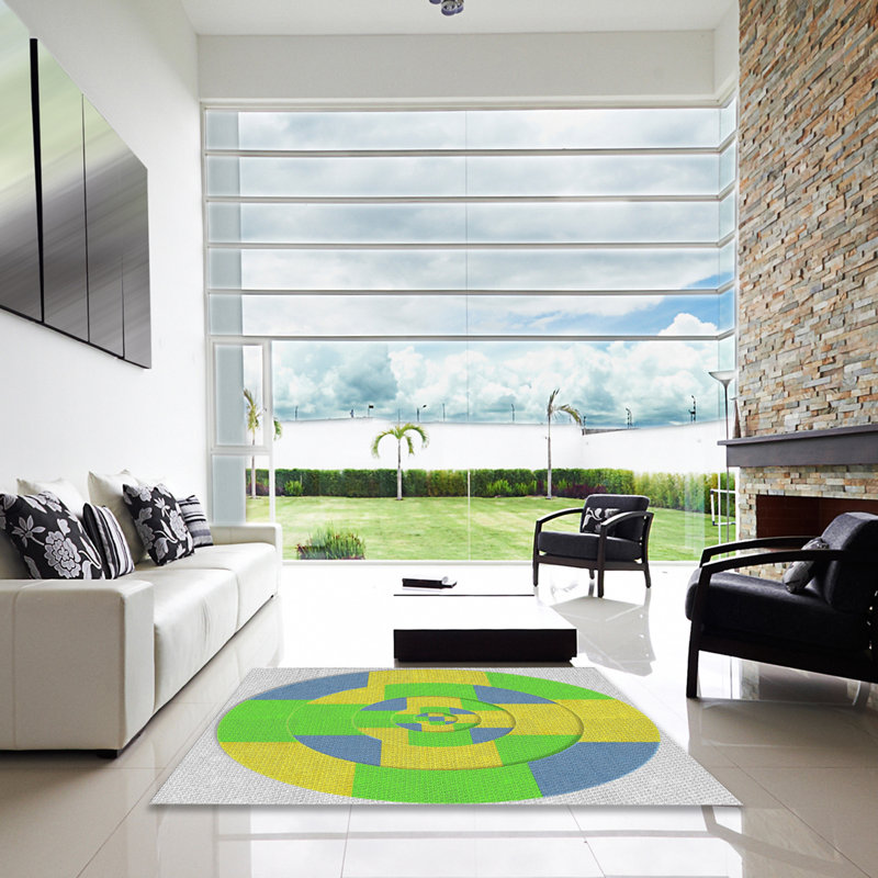 Tapis jaune/bleu à motifs, Carré 5 pi