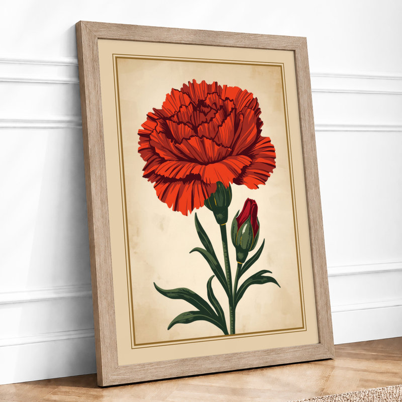 Crimson Carnation Study Botanical - Framed Print, Oak, A4 - 29.7 x 21.0 cm