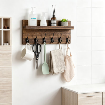Porte-manteau mural de style campagnard avec étagère, organisateur d'entrée rustique en bois avec crochets robustes pour vestes, serviettes et objets de décoration