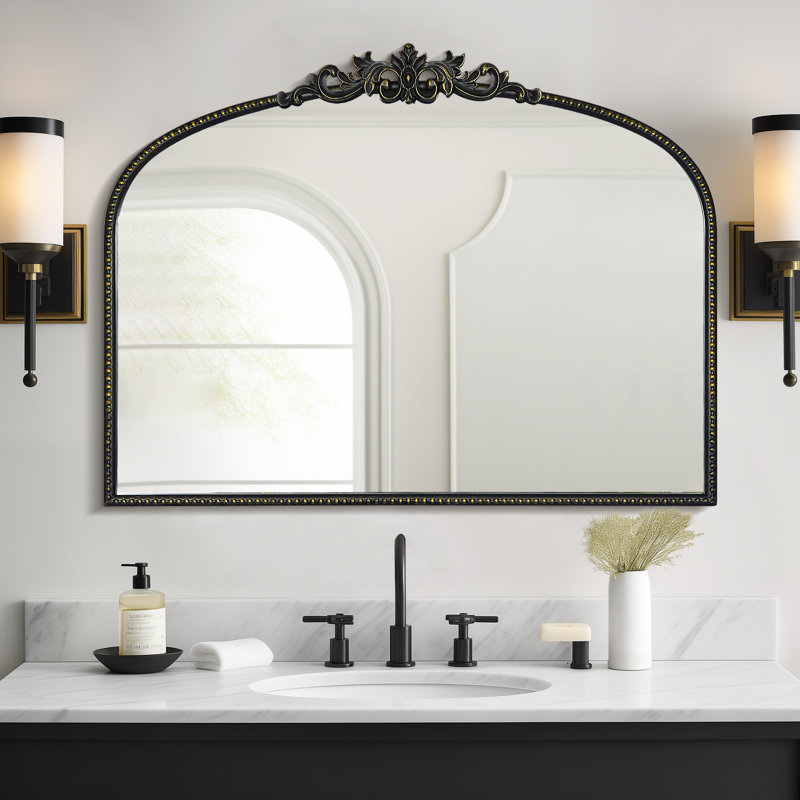 Vintage Floral Arch Iron Frame Mirror, Black, 32" x 24"