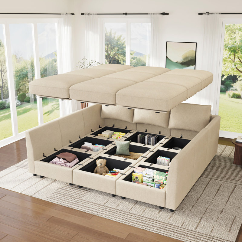 Canapé-lit modulaire rembourré avec rangement beige, Polyester beige
