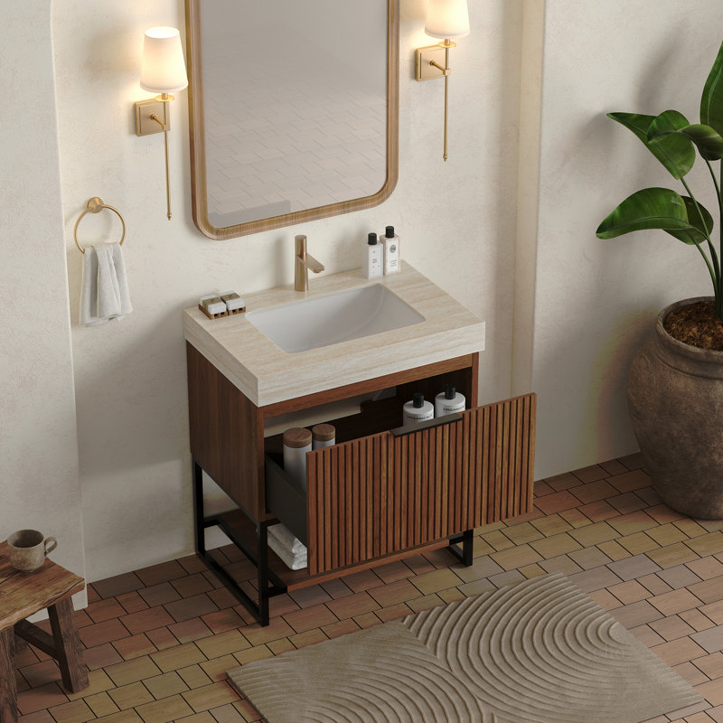 Meuble-lavabo 30 po, armoire de rangement autoportante en contreplaqué rayé avec tiroir et tablette ouverte, comptoir en pierre frittée et lavabo encastré en céramique Travertine Roma, pré-assemblé