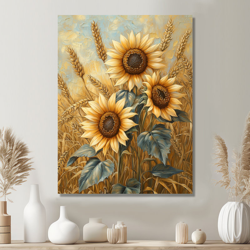 Dreven Sunflowers In The Wheat Barnyard II - tournesols, art mural sur toile, H 44 po x l 34 po, Toile tendue