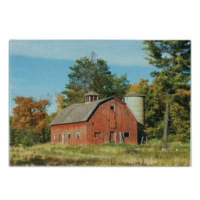 Ambesonne Abandoned Tempered Glass Cutting Board Old Barn Silo with Trees Multicolor