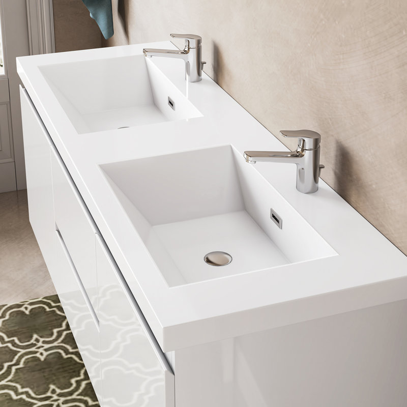 Meuble-lavabo flottant en contreplaqué blanc luxueux avec double lavabo encastré pour salle de bain moderne