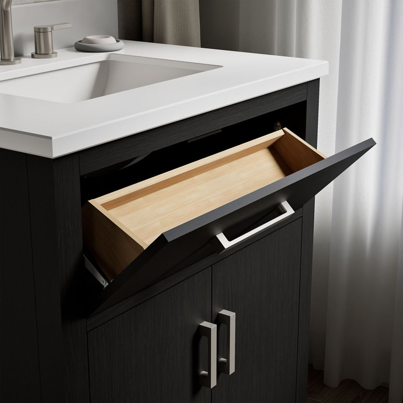Kresla 30 In. Bathroom Vanity Cabinet With Sink And Quartz Top, Black Oak, Brushed Nickel