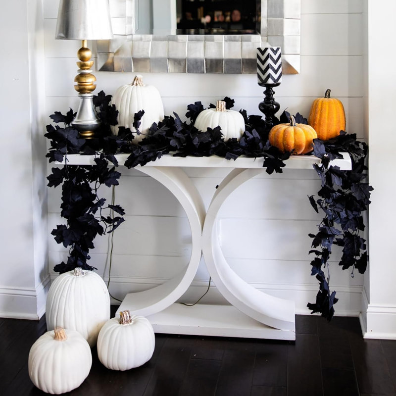 2 Pack Artificial Autumn Fall Maple Leaf Garland, 5.9Ft/Piece Hanging Vine Artificial Autumn Foliage Garland Thanksgiving Decor for Home Wedding Fireplace Party Christmas(Black)