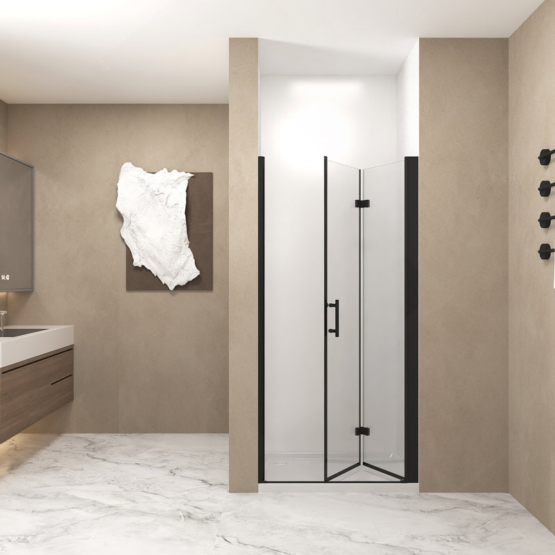 Porte de douche pliante 36 po x 72 po, verre trempé 1/4 po (6 mm), cadre en aluminium noir mat, film antidéflagrant