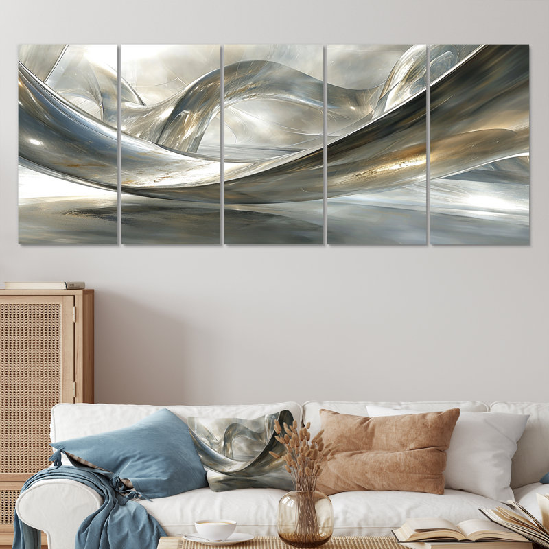 Diamond Silver Streams - Waves Wall Art For Living Room 5 Piece, 32" H x 80" W