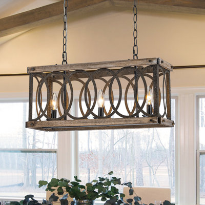 3 - Light Rustic Wood Kitchen Island Rectangular Chandelier
