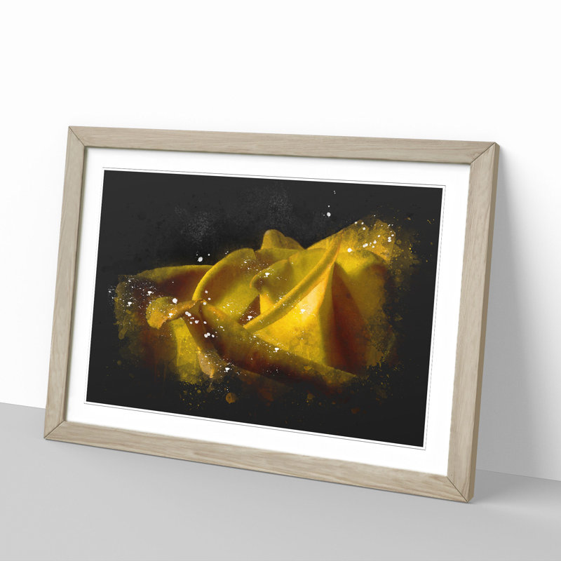 Yellow Rose Flower Vol.2 Paint Splash - Picture Frame Graphic Art, Oak, 36cm H x 48cm W x 2cm D