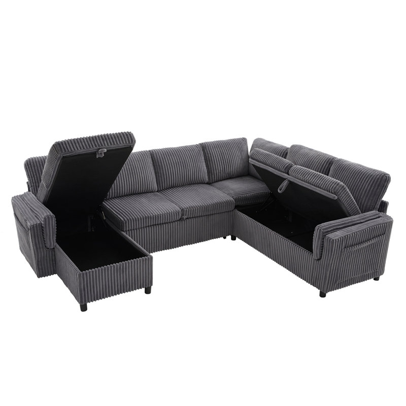 Canapé-lit en U avec ports USB et rangement, Gris