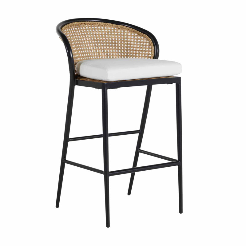 Havana 29.75" Patio Bar Stool with Cushion, No Welt, Chalk/Natural Cane, Remy Flax