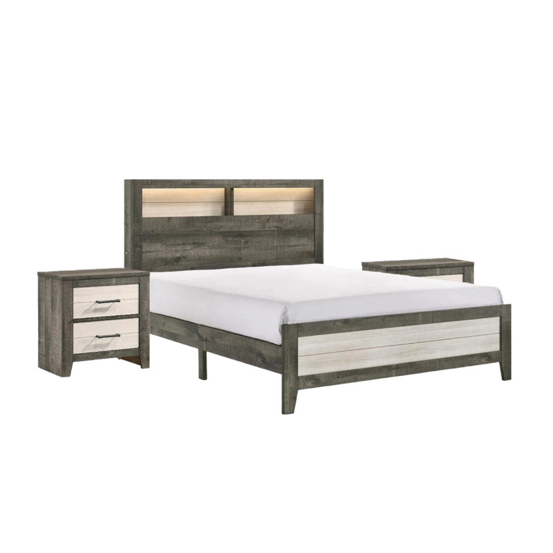 Lit plateforme très grand à profil bas avec tête de lit à planche et éclairage, style contemporain en beige gris, deux tablettes de rangement ouvertes intégrées