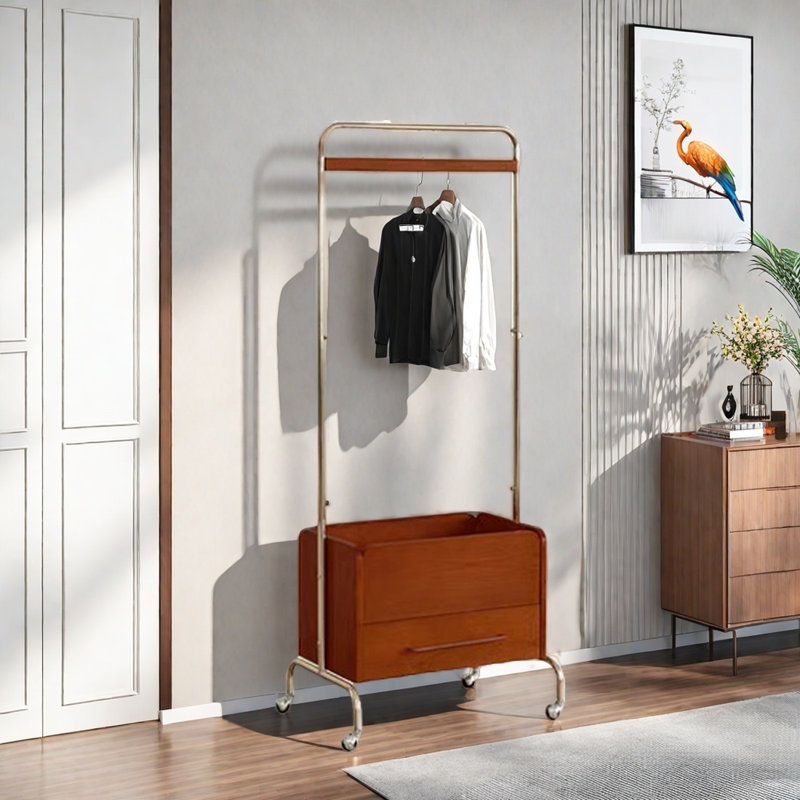Coat Rack with 360° Wheels Stainless Steel Durable, Dark Walnut