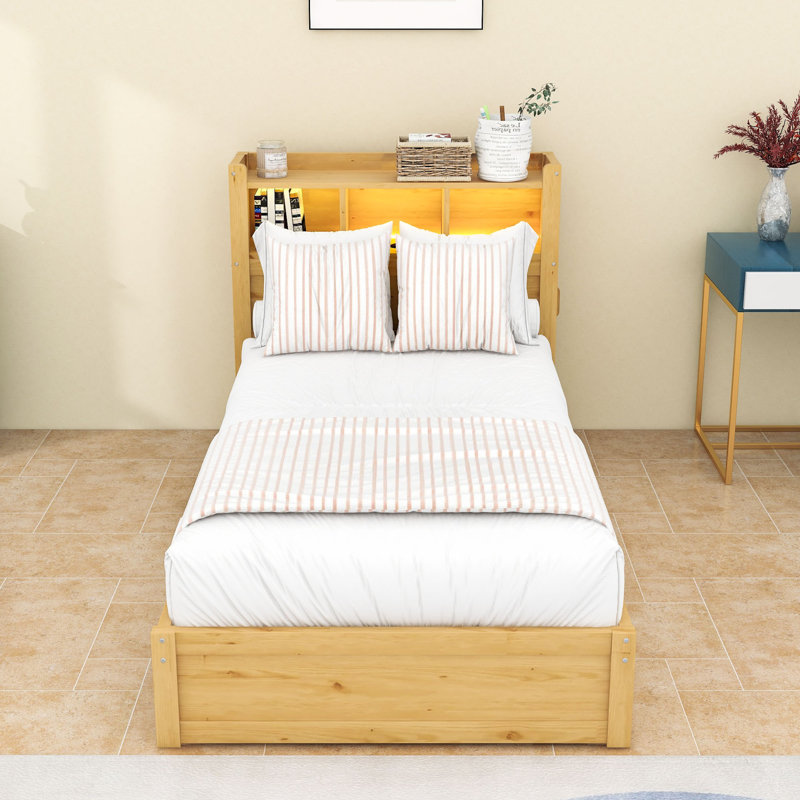 Lit plateforme à 2 tiroirs en bois avec éclairage DEL, tête de lit et armoire coulissante, Naturel, Lit simple