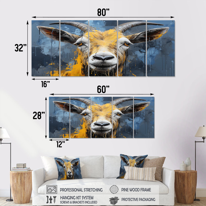 «Yellow and Blue Goat Meadow Wondering Portrait III - Chèvre», art mural 5 pièces, H 32 po x l 80 po