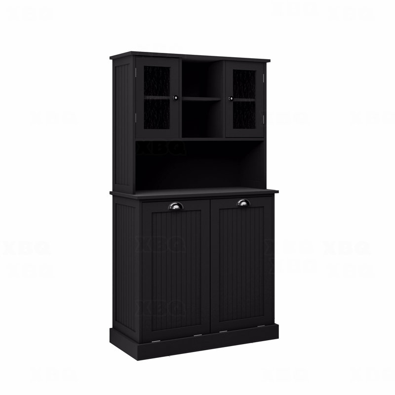 Two-Compartment Tilt-Out Dirty Laundry Basket Tall Bathroom Cabinet With 2 Adjustable Shelves, Black