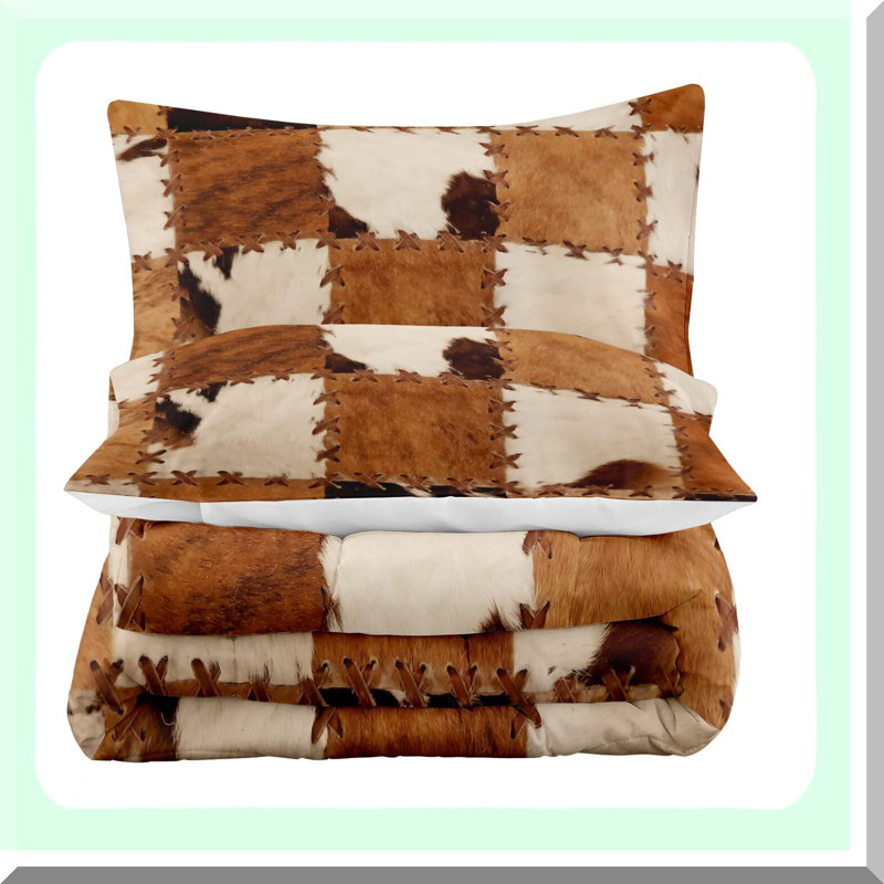 Rustic Cowhide Comforter Set - Queen Size Farmhouse Bedding Bundle with Leather Stitching & Cow Print Design - Includes 2 Pillowcases for Bedroom Decor