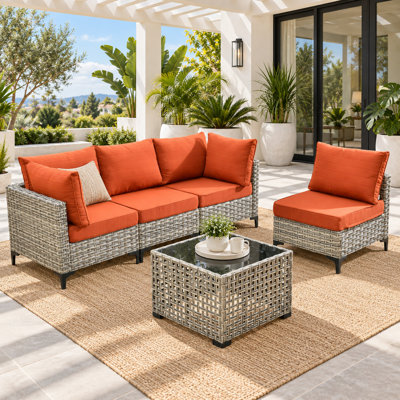 Ensemble de canapé d'extérieur en rotin tissé haute densité 5 pièces avec table basse lumineuse