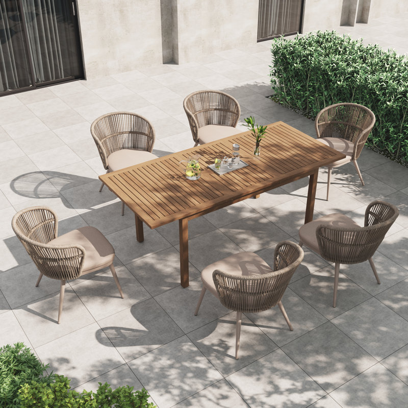  Brittenham 6 - Person Outdoor Extendable Dining Set With Cushions, Brown Frame/Beige Cushion