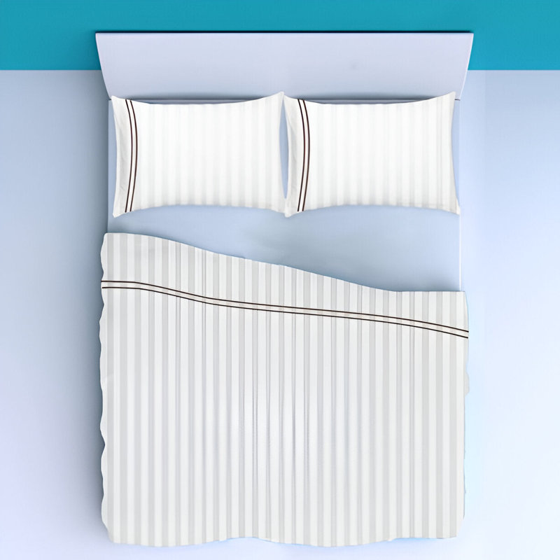 400TC Double Embroidery Sateen Stripe Cotton 4 Piece Sheet Set Fitted Sheet Fits Upto 16" Deep Pocket, Chocolate/White