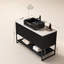 Ensemble de meuble-lavabo et de meuble-lavabo autoportant avec 3 portes et 3 tablettes ouvertes TULIO, lavabo rectangulaire en céramique noire et comptoir en pierre frittée blanc de Carrare, noir (nouveau SKU)-1024387895