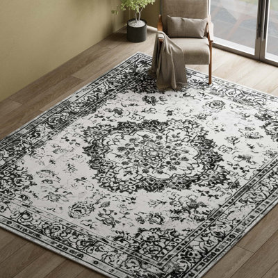 Tapis floral antidérapant lavable à la machine en gris / crème