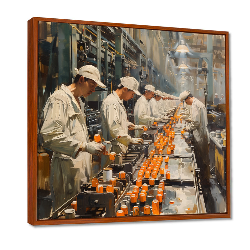  «Orange White ligne d'assemblage Factories II - usines d'art mural», Toile avec cadre flottant brun